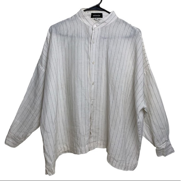 Eskandar Top Women Shirt Size 0 White Pinstripe Linen Tunic Button Up Vintage - Picture 1 of 11